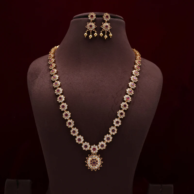 Premium AD Kemp Star Flower Bridal Vintage Style Haram Set - White & Ruby